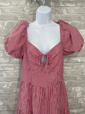 City Triangles Red Gingham Puff-Sleeve Midi Dress thumbnail 2