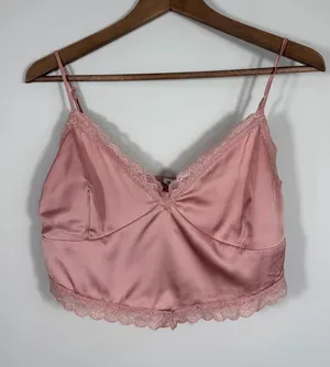 Garage Pink Satin Lace Trim Bralette Crop Cami Top Smocked Back M thumbnail 1