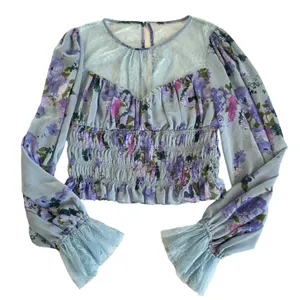 Free People Daphne Silver Blue Combo Lace Floral Print Blouse Size Medium thumbnail 4