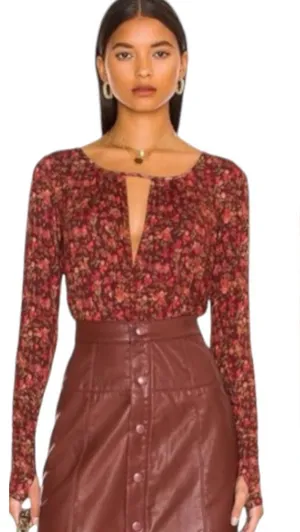 Free‎ People Intimately Kaya Print Cutout Bodysuit Chocolate Combo Womens Medium Red thumbnail 1