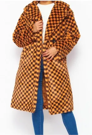 Hot and Delicious Fuzzy Feelings Checkered Faux Fur Teddy Trench Coat Size Med thumbnail 1