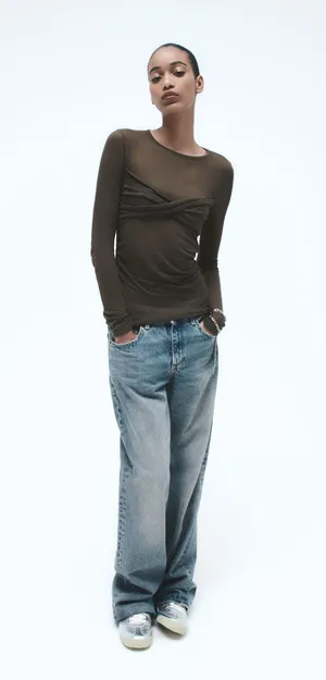 Zara NWT Brown semi sheer rib ruched top. Size Medium thumbnail 3