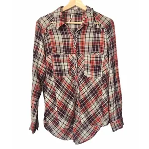 Free People Plaid Lace Gauzy Flannel Snap Button S‎ thumbnail 3