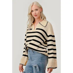 Unbranded Women’s Collared Polo Sweater Cream & Navy Stripe 2XL Nautical Boho thumbnail 3