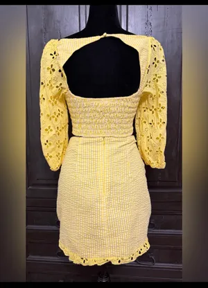 For Love Bell Lemons Picnic eyelet set gingham crop top puff sleeves w/ skirt -M. ***Refer to measurements. features a smocked bodice and ruffled straps. Super cute vacation mode. Lightweight. Measurements approximately 14” from armpit to armpit not fully stretched out. Skirt: 13” waste x 16” long. Non-smoking home. priced to sell at as is condition. Don’t like my price, make reasonable offer! And thank you for checking my closet. thumbnail 2