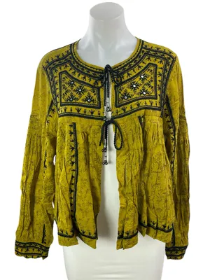 Free People Twilight Folk Green Embroidered Tassel Long Sleeve Coat Jacket Sz S thumbnail 1