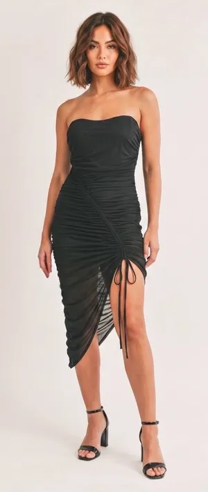 MABLE Simone Black Ruched Mesh Asymmetrical Drawstring Midi Dress Bodycon M thumbnail 1