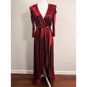 Retrofête Flora Metallic Red Lame Wrap Maxi Puff Sleeve Asymmetrical Gown Small thumbnail 2