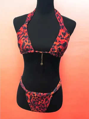 Red Orange Leopard Print Triangle Bikini Set thumbnail 3