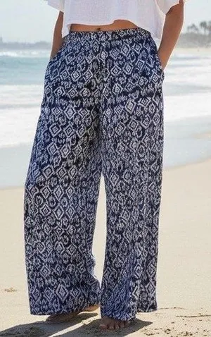 Solitaire Womens L‎ Blue Ikat Diamond Wide Leg Palazzo Pants Boho Hippie Indie thumbnail 1