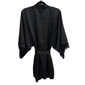 In Bloom by Jonquil Black Satin Tie Front Lace Trim Robe Size Women's Medium thumbnail 3