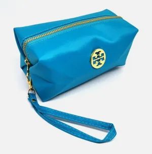 Tory Burch Cosmetic Bag Wristlet Women OS Blue Gold Logo Nylon Pouch thumbnail 1