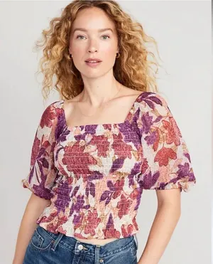 OLD NAVY‎ fitted puff sleeve smocked top size large in autumn leaves floral thumbnail 1