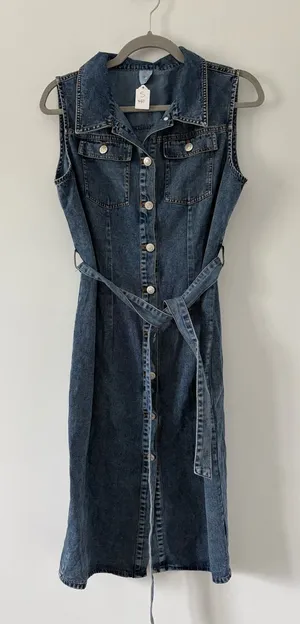 Like Love Blue Denim Button Down Tie Waist Sleeveless Cotton Knee Length Dress S thumbnail 1