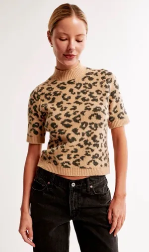 Abercrombie Brushed Leopard Print Short Sleeve Mockneck Sweater thumbnail 1