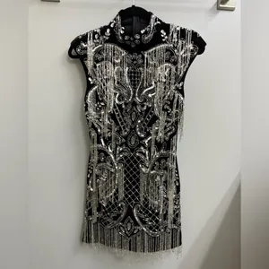 ASOS petite design High neck all over embellished mini dress in black size 6 thumbnail 3