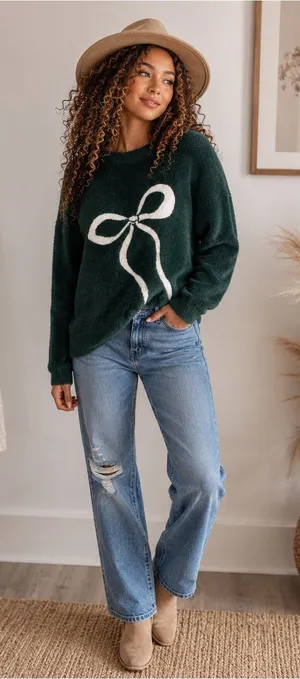 Lulus LuLaRoe Forest Green Fuzzy Bow Sweater XL Cozy Plush Pullover thumbnail 1
