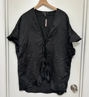 Victoria's‎ Secret | NWT Black Satin Ruffle Tie Short Sleeve Kimono Robe, OS thumbnail 1