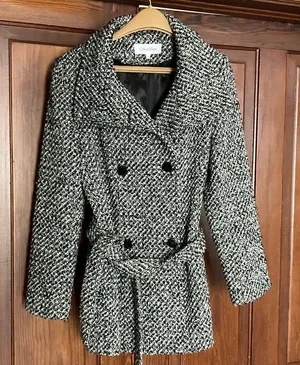 Calvin Klein Women's Black Tweed Wool Double Breasted Pea Coat Size 6 Belted thumbnail 1