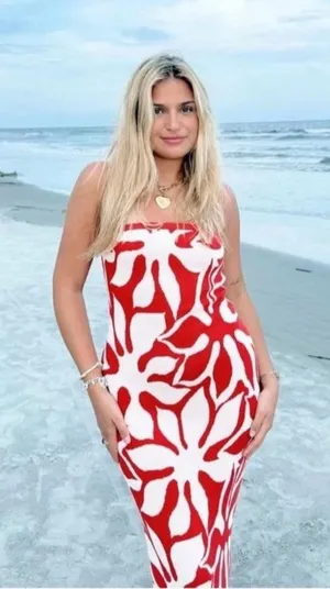 House of Harlow 1960 knit Red and White Maxi Dress tube top with slit bottom thumbnail 1