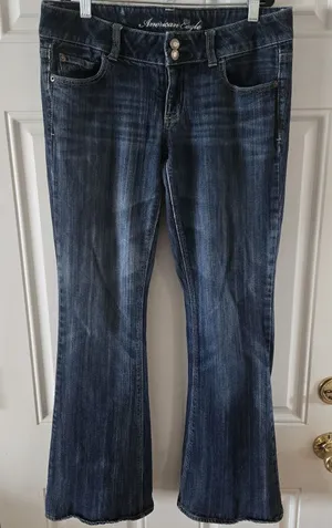 American Eagle Artist Flare Jeans Womens 8 Blue Low Rise Stretch Dark Wash Y2K thumbnail 1
