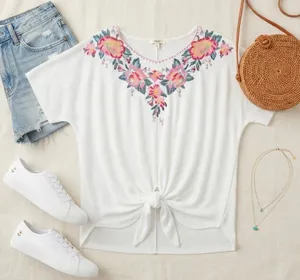 Entro White‎ Waffle Knit Floral Embroidered Tie Front Top Plus Size 1X Boho thumbnail 1