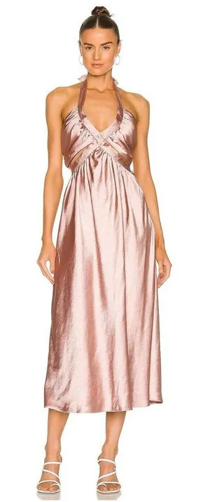 Line & Dot Emma Cut Out Midi Dress Mauve Pink Satin Halter Open Back Tie Size M‎ thumbnail 1
