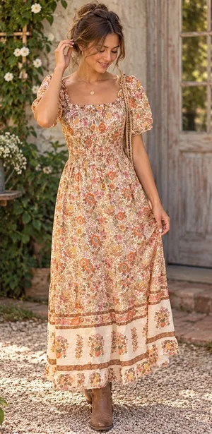 NWT Kindred Petite S Floral Smocked Maxi Dress Cottagecore Boho Prairie thumbnail 1