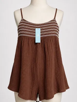 Cupshe Brown Gauze Smocked Romper Embroidered Bohi Summer‎ Beach Jumpsuit NEW thumbnail 1