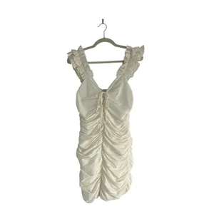 Zara Ruffle Strap Ruched Linen Blend Dress Off White Cream Medium Coastal thumbnail 2