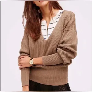 Free People Allure‎ Pull Over Deep V-Neck Ribbed Sweater Taupe Brown Size Small thumbnail 6