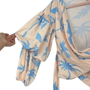 Lulus Tropical Bird Palm Print Wrap Top Peach Blue‎ Puff Sleeve Size Small thumbnail 4