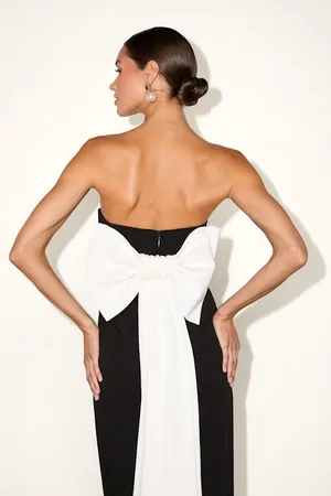 Lulus Fabulous Phenomenon Black & White Strapless Bow Midi Dress -Small MSRP $79 thumbnail 4