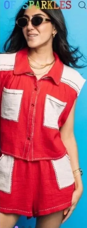 Queen of Sparkles Crimson & White‎ Gauze Top and Short Set thumbnail 1