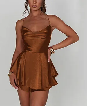 Metallic Copper Orange Strappy Backless Mini Romper Rave Festival XS thumbnail 1