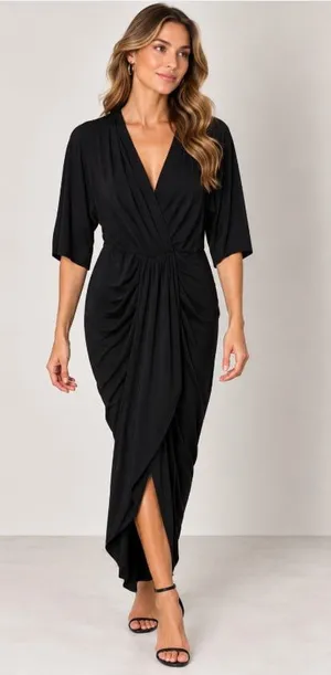 Dress Day Dress Womens L Black Ruched Wrap V Neck Half Sleeve Maxi Formal thumbnail 1