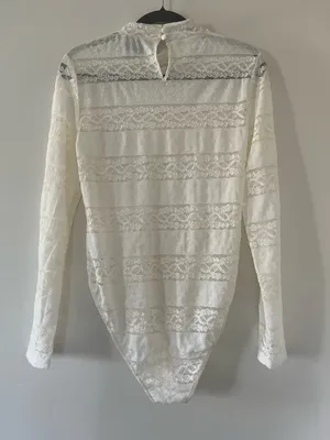 Ivory Lace Long Sleeve Bodysuit XL Bridal Shower Rehearsal Dinner Romantic thumbnail 6
