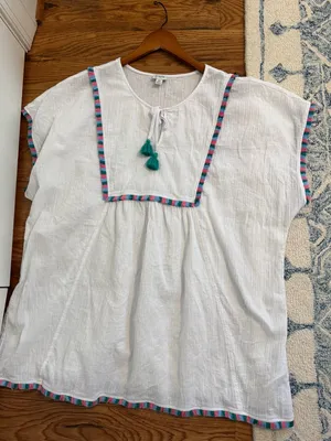 J.Crew Factory White Tassel Beach Tunic with Pink, Green and Blue Trim 2X thumbnail 9