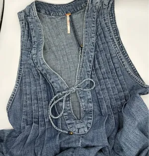 Free People Denim Webster Romper Blue Women's Small Sleeveless Pintuck thumbnail 9