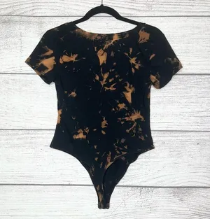 Hand Dyed Black Bleach Tie Dye Scoop Neck Short Sleeve Bodysuit Top Size Large thumbnail 3