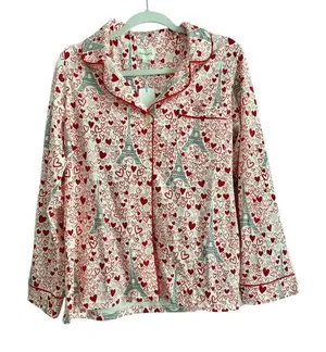 BedHead Women's Long Sleeve Button Down Pajama Top Heart Eiffel Notch Size M NEW thumbnail 1