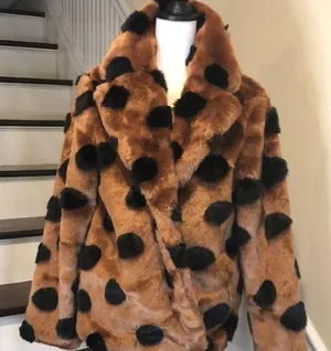 ICHI GINGERBREAD BROWN Faux Fur Coat With Abstract Accents Sz 40 Large NWT thumbnail 1
