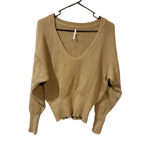 Free People Taupe Knit Allure Pull Over‎ Sweater Size XS Deep V Neck thumbnail 3
