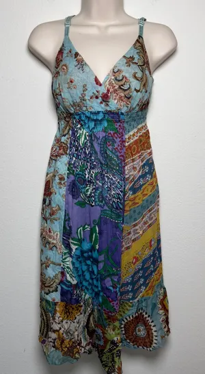 VTG Y2K No Boundaries Women 100% Cotton Babydoll Mini Dress M Patchwork Boho thumbnail 1