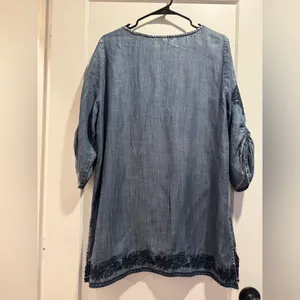 Soft Surroundings Denim Embroidered Tunic/Dress Tie Neck Tassels3/4 Sleeves Sz L thumbnail 2