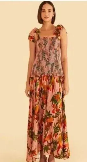 FARM RIO Mango Trees Smocked Bodice Midi Dress in Mango Trees Pink Size Small thumbnail 1