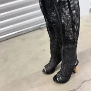 Bamboo Black Mesh Over The Knee Boots Open Toe Gold Block Heel Womens 7 thumbnail 2