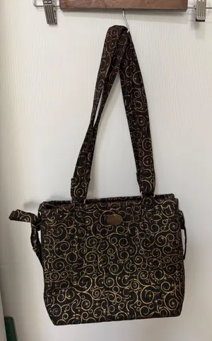 Handmade Gail Devens Quilted Shoulder Bag Brown Gold Swirl Celestial Tote thumbnail 1