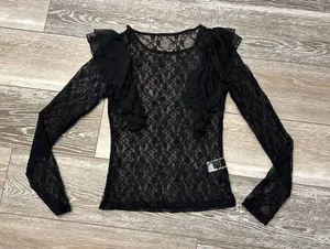 NWT SHEIN Sz S Sheer Black Lace Top w Ruffle Accents Cute! thumbnail 1