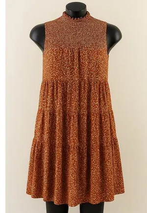Taylor Smocked Tiered Printed Mini Dress Brown XL thumbnail 1